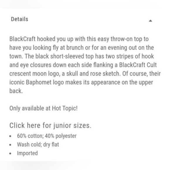 HOT TOPIC Blackcraft Crop Hook & Eye Graphic Tee Size 3 - Picture 16 of 16